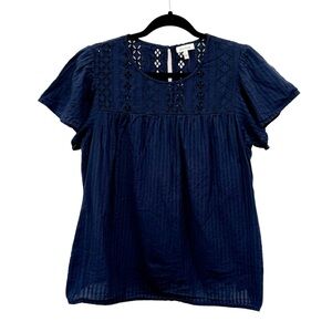 ELLA MOSS Brianne Navy Blue 100% Cotton Eyelet Peasant Top Size Large